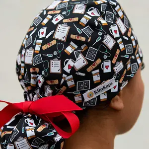 KimKaps Clinical Bouffant Scrub Hat with Medical Icons Red Ribbon Ties for Healthcare Professionals Made in USA 100% Cotton Comfortable & Stylish