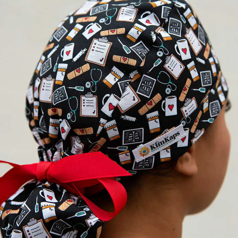 KimKaps Clinical Bouffant Scrub Hat with Medical Icons Red Ribbon Ties for Healthcare Professionals Made in USA 100% Cotton Comfortable & Stylish