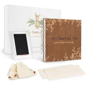 Wooden Keepsake  Memory Book Box Boys & Girls, First 5   Milestone Book Gender Neutral Journal Memory Scrapbook,  Shower Keepsake  Set (Included Ink Pad/Keepsake Bags/Envelopes)