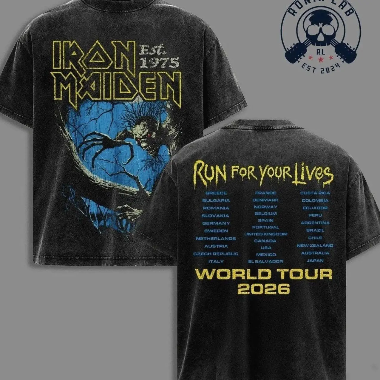Iron Maiden "Run For Your Lives" World Tour 2026 T-Shirt Washed, Eddie Horror Graphic Tee, Vintage Heavy Metal Washed Shirt, Gothic Rock Band Streetwear, Heavyweight Oversized Cotton Unisex T-Shirt, Gift for Metal Fans DN0 LL8 DAL