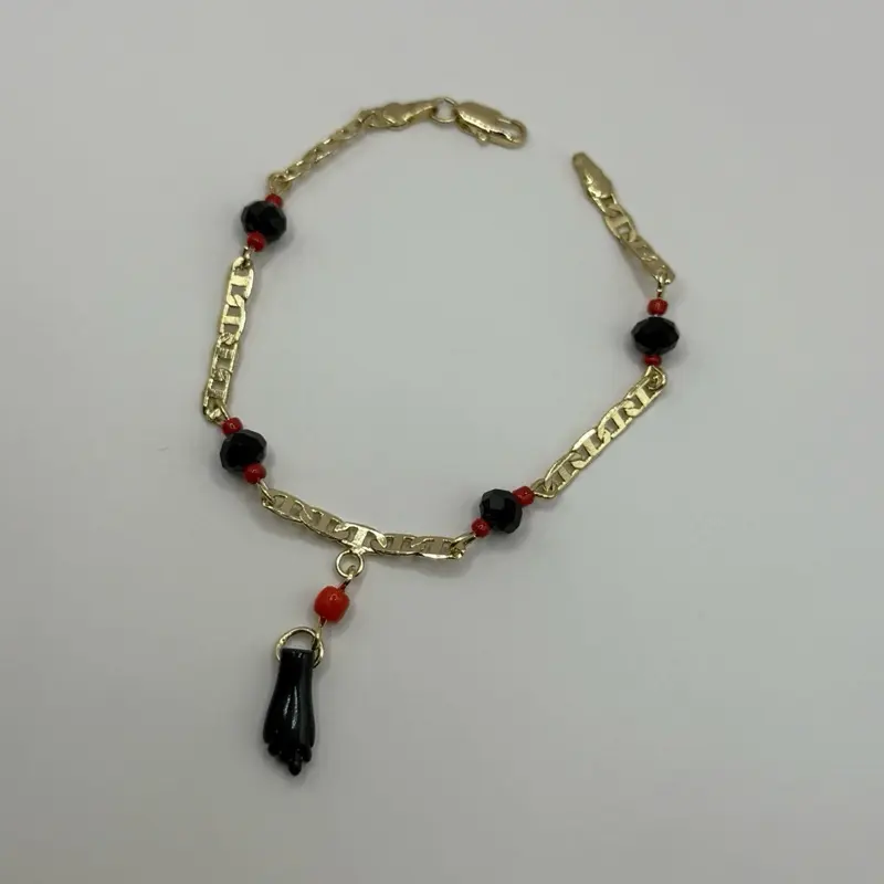 Evil Eye Protection Bracelet Gold Plated 7”inches  Mal de Ojo Proteccion with Red and Black Beads and Marine Chain Design