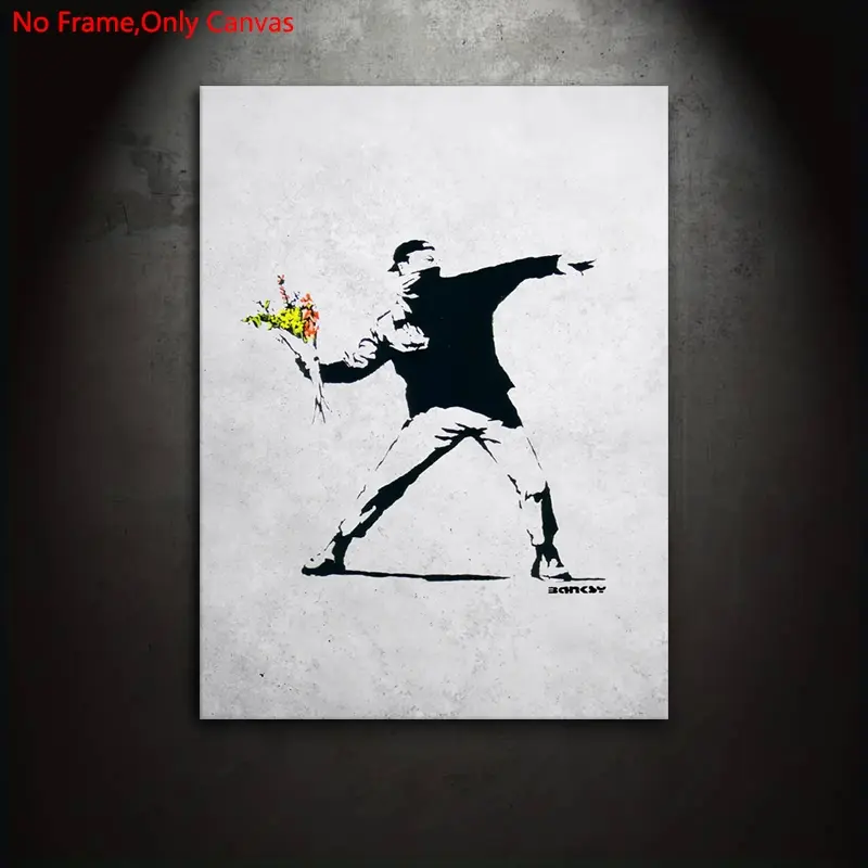 1 Piece/Set Frameless Canvas Painting Print Poster,Classic Minimalism Street Graffiti Pop Art,Banksy Flower Thrower,Perfect Gift for Pacifists,Ideal Gift for Bedroom,Study Room,Office,Living Room,Dorm Hallway,Kitchen,Mural,Wall Decoration,Room Decor