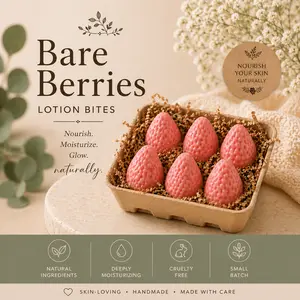 Bare Berries Strawberry Lotion Bites - Handmade Solid Triple Butter Body Care Moisturizer, Moisturizers