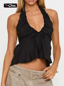 Women's Solid Color Tie Shoulder Wrap Hem Top, Casual Sexy Deep V Neck Top for Holiday Vacation, Ladies Clothes for Summer, Shirts