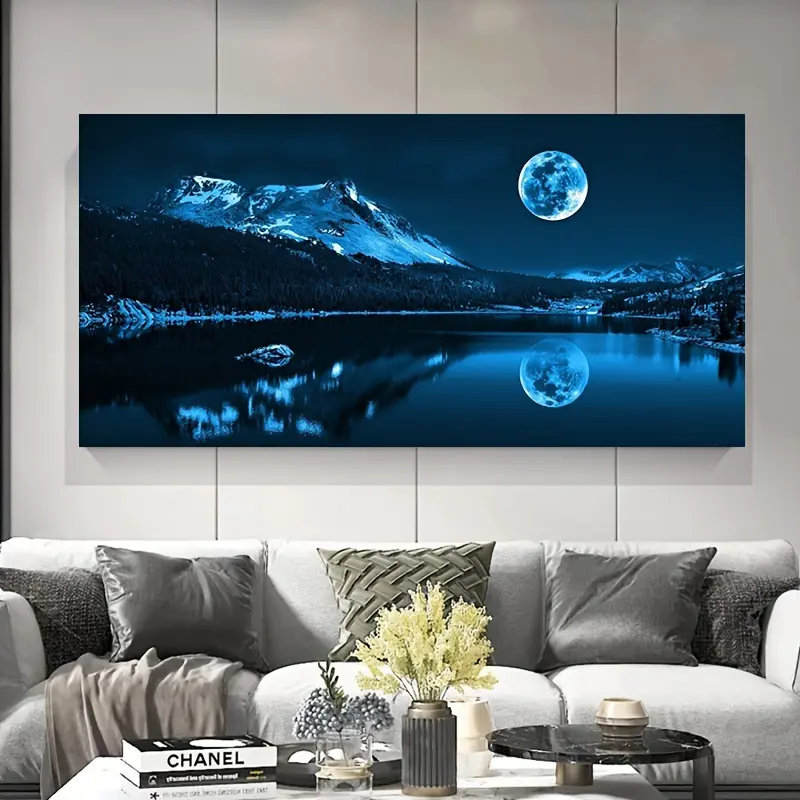 12*16inch No-Frame Blue Snow Mountain Night View Decorative Wall Art Painting - Nature Lake Landscape Print, Indoors Living Room Home Office Decor Ornament