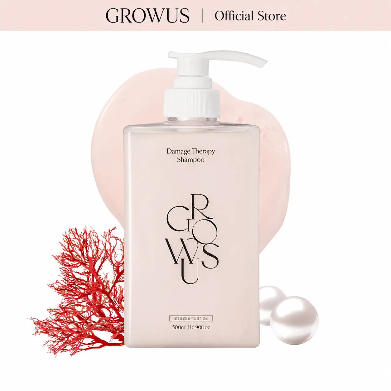 GROWUS Damage Therapy Shampoo 16.90 fl oz 500ml with Pearl Extract & Marine Collagen for Deep Hydration & Repair Sulfate-Free Haircare - Moisture