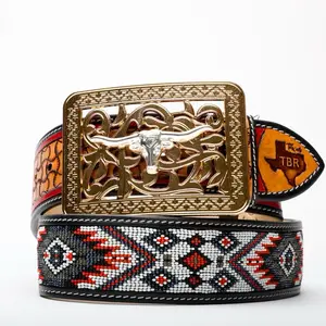 2 Inch Hand-Tooled Artesanal Beaded Leather Belt 2 Inch Hand-Tooled Artesanal Beaded Leather Belt