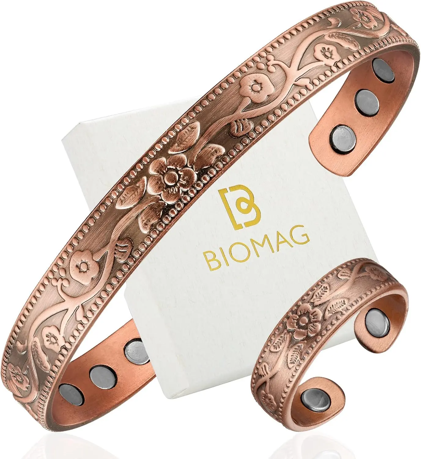 Copper Bracelet & Ring for Women, 99.99% Pure Copper Magnetic Bracelet Lymphatic Drainage Rings with 3500 Gauss Magnets, Adjustable & Flower Pattern