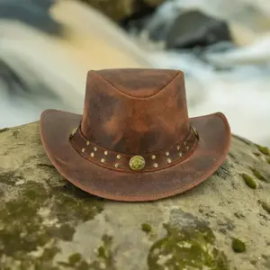 Arizona Cowboy Hat for Men & Women – Genuine Distressed Leather Western Hat with Studded Band, Shapeable Brim & Chin Strap