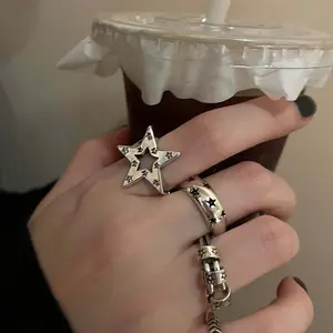 Retro old dark niche hollow five-pointed star open ring fashion punk hip-hop trend jewelry