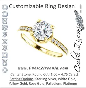 Cubic Zirconia Engagement Ring- The Sandy (Customizable Prong-Accented Round Cut Style with Thin Pavé Band)