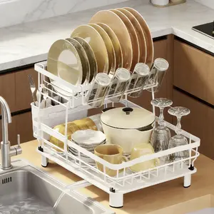 2 Tier Dish Drying Rack Dish Racks for Kitchen Counter Metal Dish Drainers with Knife Cup Utensil Holder, Plate Holder Organizer ,Dishdryer Rack,The Ideal Gift,White