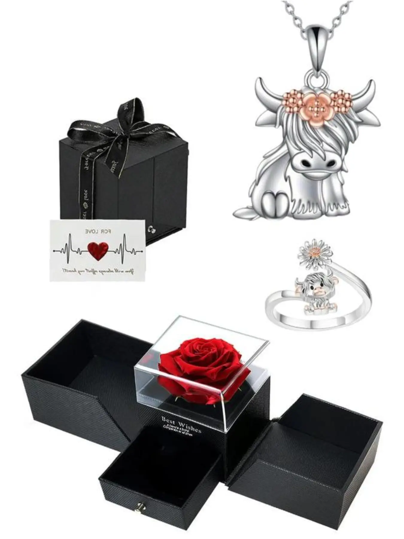 Highland Cow Elegant Matching Jewelry Set with Eternal Rose Box, Silver Color Pendant Necklace, Adjustable Ring, Cute Animal Gift for Mom, Girlfriend, Wife