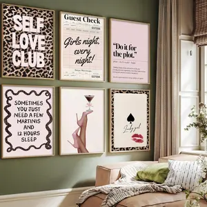 6pcs/set Frameless Retro Pink Cocktail Wall Decoration Art Printing Poster Aesthetic Decor Bedroom Apartment Decor