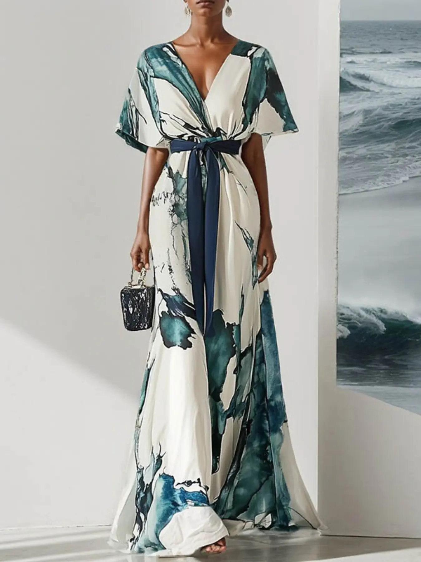 Water Ink Floral Print V Neck Tie Waist Batwing Sleeve Loose Fit Dress, Stylish and Elegant Women's Dress for Casual Occasions, Bohemian Summer, Beach Sundresses, Womenswear