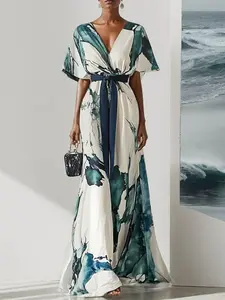 Water Ink Floral Print V Neck Tie Waist Batwing Sleeve Loose Dress, Stylish and Elegant Women's Dress for Casual Occasions