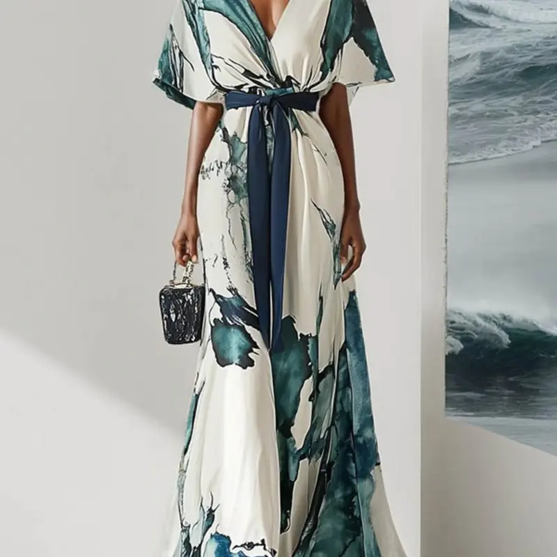 Water Ink Floral Print V Neck Tie Waist Batwing Sleeve Loose Fit Dress, Stylish and Elegant Women's Dress for Casual Occasions, Bohemian Summer, Casual Chic Dress, Womenswear