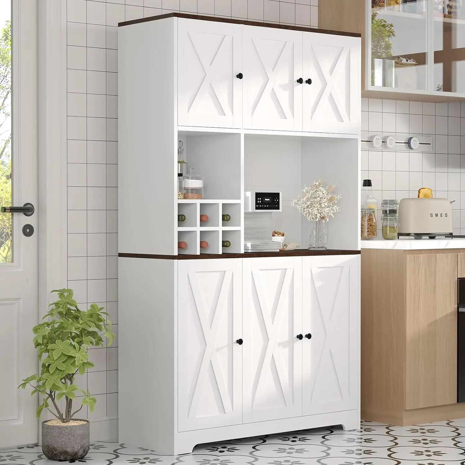 71" Tall White Wood Kitchen Pantry Cabinet with Charging Station - Modern Farmhouse Freestanding Rectangular Cupboard, Traditional Hutch with Microwave Stand, Drawers, Wine Bar Storage for Kitchen & Dining Room Appliances