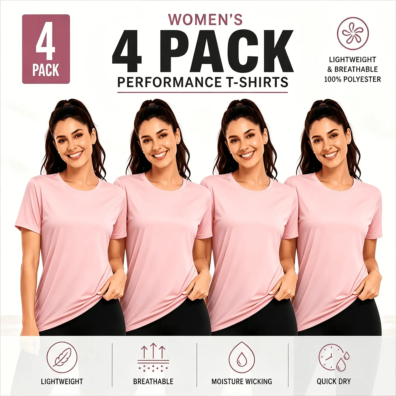 Women's 4pcs Bulk Pack Solid Color T-Shirt Set - Multi-Color Assorted Short Sleeve Round Neck Basic Tees, Lightweight Breathable Soft Polyester Suitable for Casual Wear, Workouts, Layering & Everyday Layered Outfits