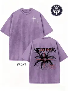 Washed Purple Spider Graphic Vintage Oversized T-Shirt Gothic Cross Star Grunge Y2K Streetwear 100% Cotton Double Sided Edgy Punk Unisex Casual Trendy Hip Hop Tee Top