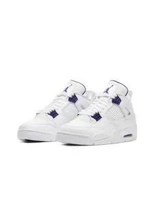 Retro Mid-Top Sneakers in White Leather with Mesh Panels, Metallic Purple Plastic Wing and Lace Locks, Featuring Visible Air Cushioning