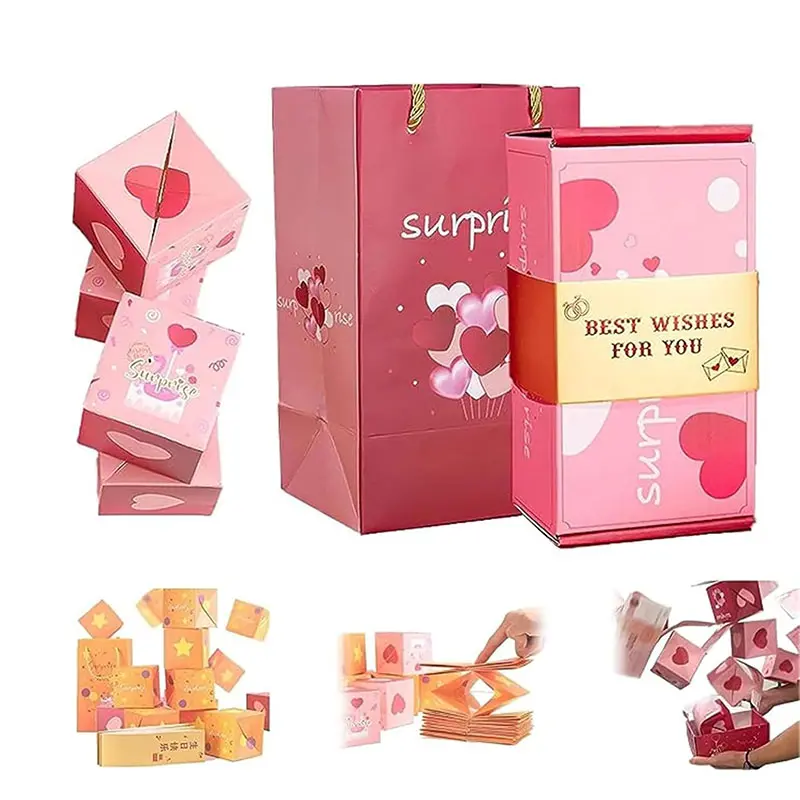 Pink Explosion Gift Box Pop out Birthday Gift Boxes Red Heart Love Romantic DIY Creative Folding Bounce Valentine Surprise Box for Wedding Anniversary Mother Thanksgiving Day Party Christmas Surprise Gifts