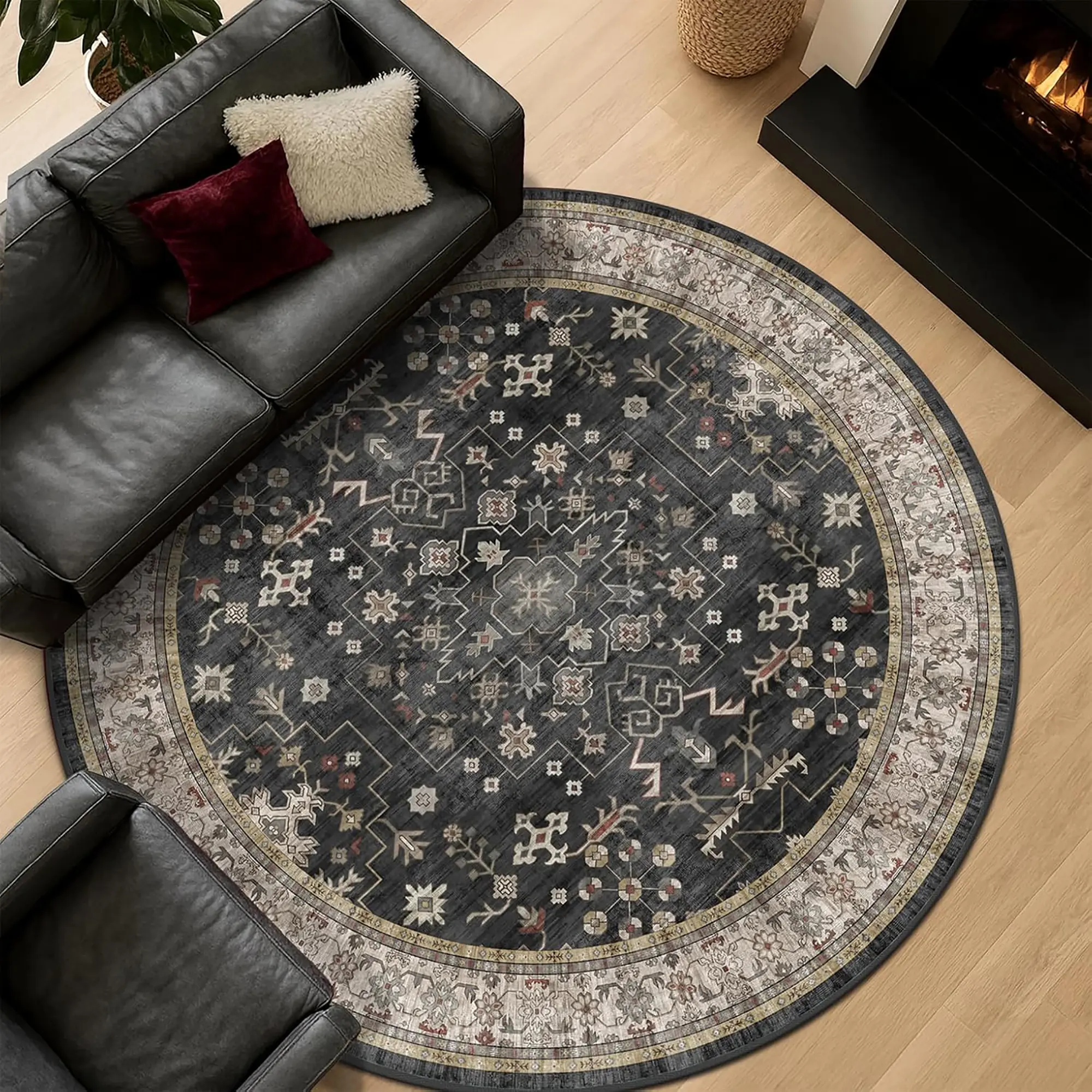 Round Vintage Geometric Stripe Print Carpet, Modern Luxury Foldable Machine Washable Non-Slip Plush Vintage Design Geometric Pattern Home Decorative Rug, Living Room Bedroom Mat