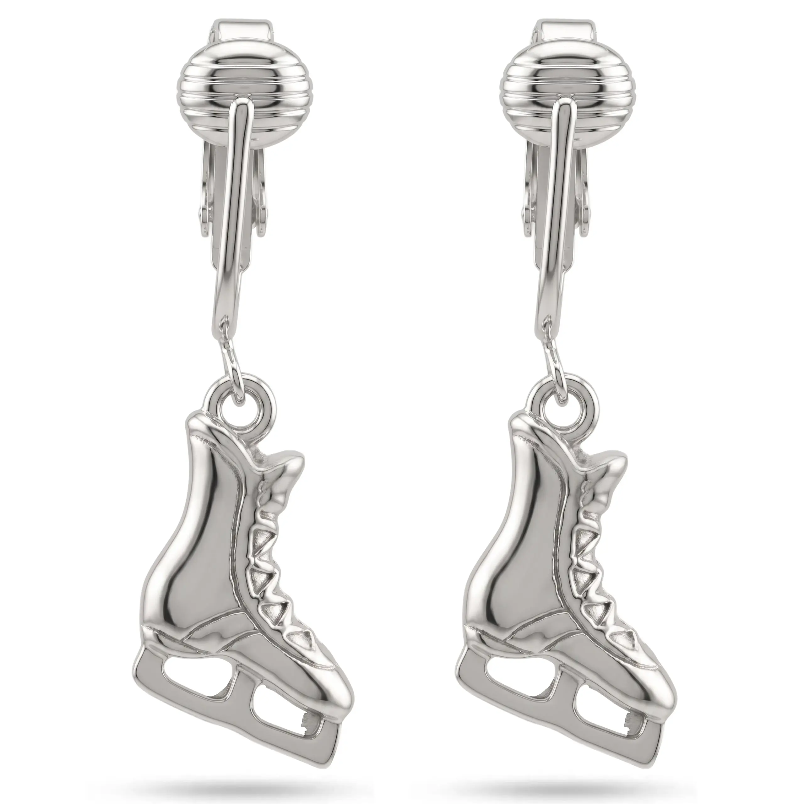 Silver Ice Skates Clip On Dangling Earrings