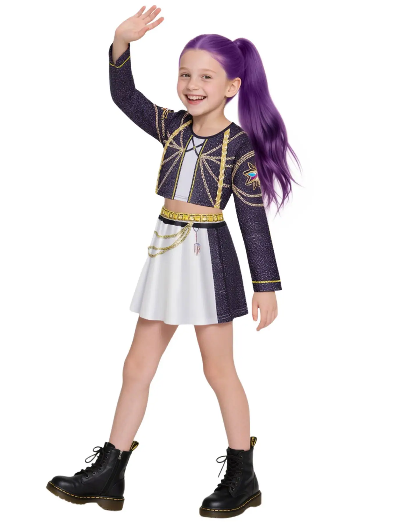 Teen Girls' K-Pop Rumi Character Crop Top & Skirt Set, Halloween Role-Playing, Trendy Costume for Teenage Girls