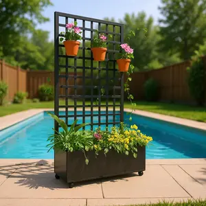Garvee Metal Elevated Planter Box with Trellis & Wheels, Mobile Garden Bed for Climbing Vines, Vegetables and Flowers, Drainage Design for Easy Planting