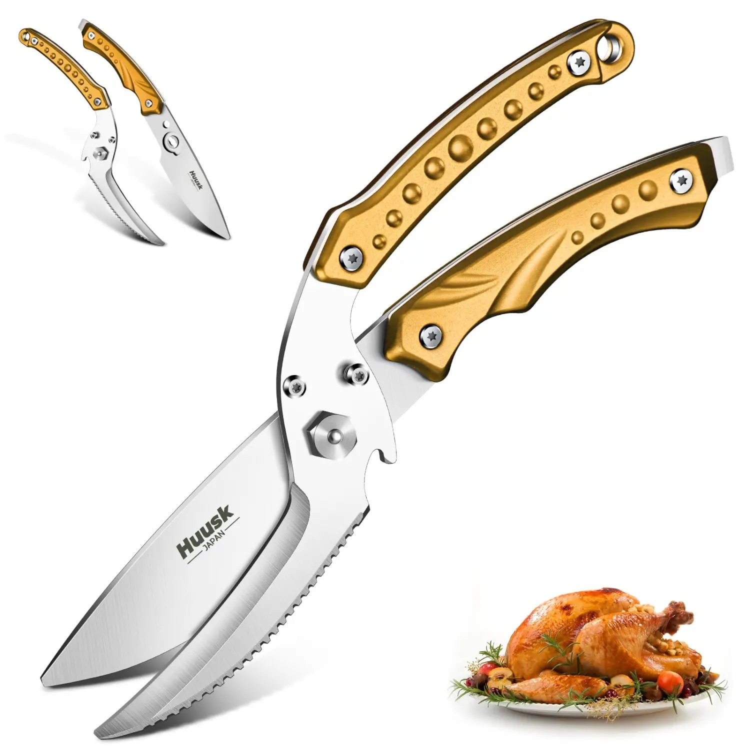 Huusk Heavy Duty Detachable Kitchen Shears - Ultra Sharp Serrated Poultry Scissors for Chicken, Turkey, Bone, All-Purpose Golden Cooking Shears
