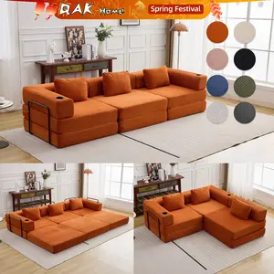 QAK 115" Modular Floor Sofa Bed with Two Cup Holders High-Quality Corduroy Fabric Free Combination Design Premium Sponge Padding Multifunctional for Small Spaces Living Room Mattress