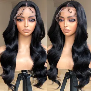 13X4 Lace Frontal Wig Body Wave Synthetic Lace Front Wigs Pre Plucked Natural Looking, 24inch 1B Long Black Wig for Women  glueless synthetic lace clean hairline