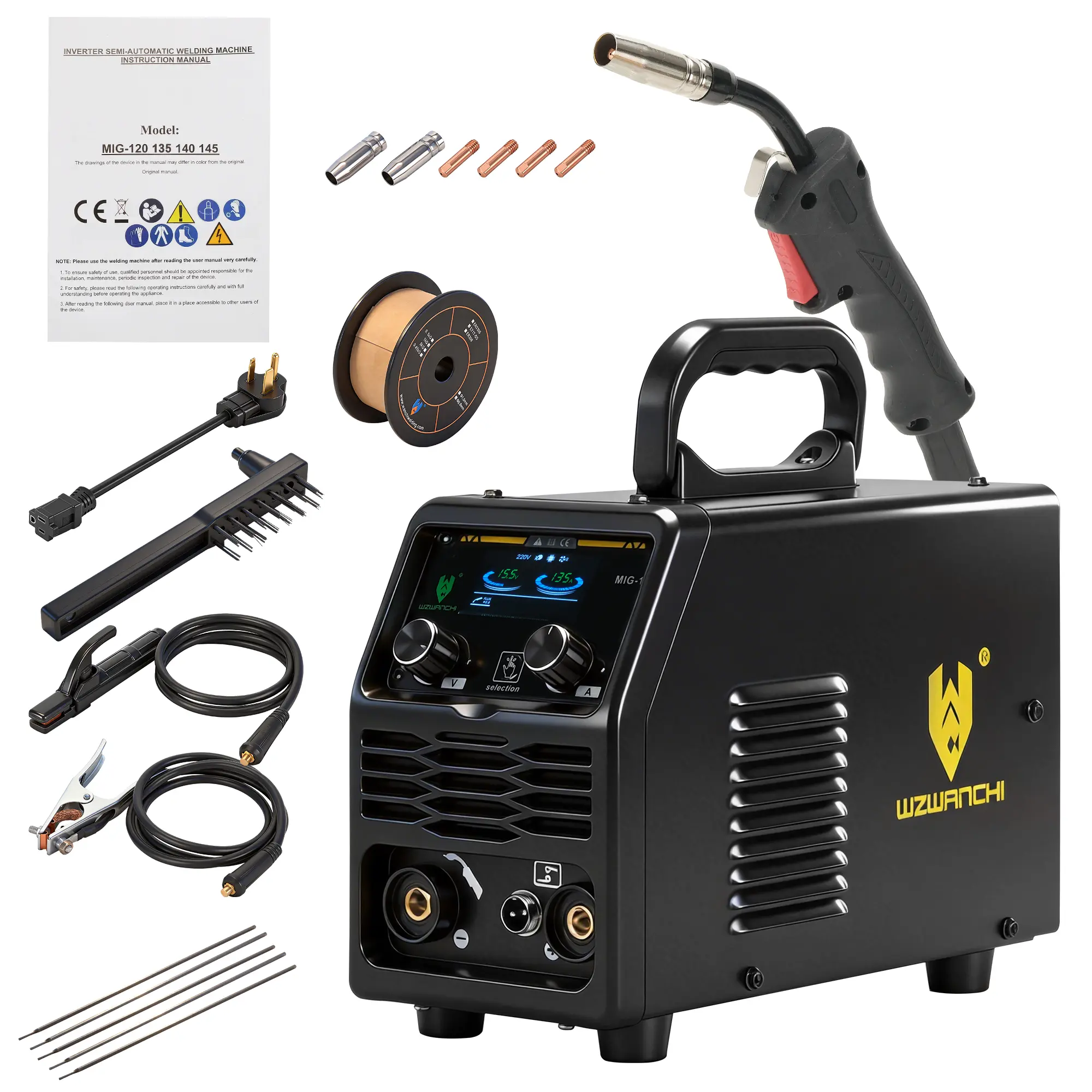 MIG135M 135A MIG Welder, Flux Core MIG/Lift TIG/Stick 3 In 1 MIG Welder With Smart LED Display 110/220V Dual Voltage Inverter Welder