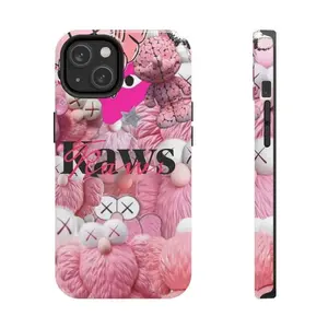 Pink KAWS hard case, new KAWS bear pattern phone case, compatible with iPhone 17/16/15/14/13/12/11 and Samsung Galaxy S21-S25, anti-social phone case.