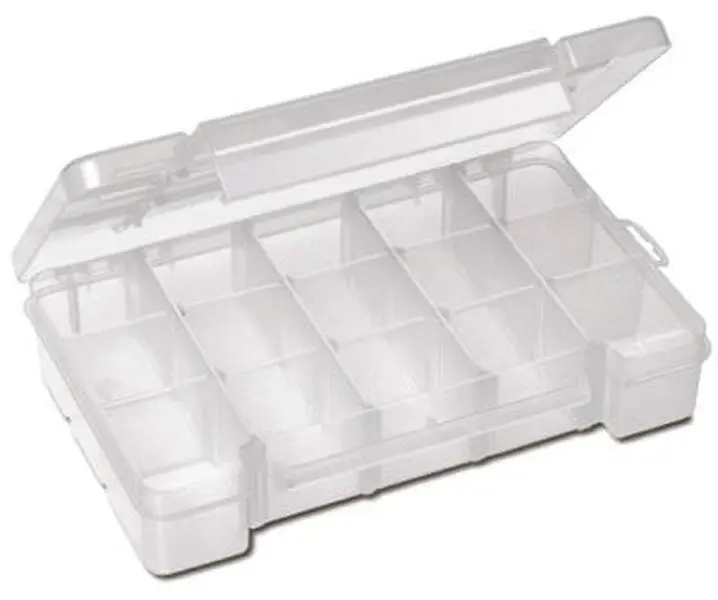 Akro Mils 05805 Rectangle Adjustable Organizer Storage Case - Stackable Organizer Storage Box with 2 Fixed Dividers, Adjustable Dividers, 3-15 Grid Pattern, 11 l x 7 w x 2.38 h in for Vanity Organization, Office Setup, Organizer Storage Boxes