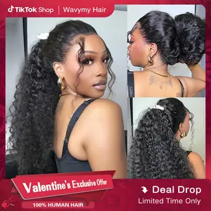 Wavymy 360 Straight Invisi Drawstring Wear Go Glueless Pre-Bleached And Pre-Cut Lace Wigs Flexi-Fit  Glueless Water Wave Wigs 180% Density Human Hair
