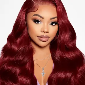 28 inch 99J burgundy Body wave Lace Front Wig human Hair 13*4