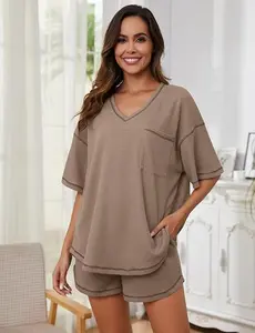 Womens Pajama Sets Waffle Knit 2 Piece Short Lounge Set Cute Sleep Loungewear Pjs Set Short Women's Waffle Loose Style Suitable For Spring Summer Fall Winter