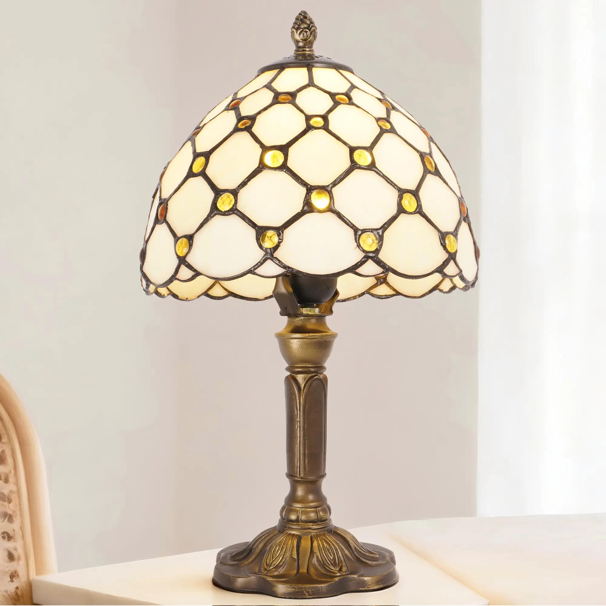 Vintage Yellow Beaded Stained Glass Table Lamp 7.9 Inch E26 Warm Light for Living Room Bedroom Office Decorative Ambiance
