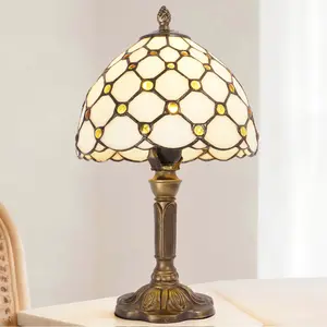 Vintage Yellow Beaded Stained Glass Table Lamp 7.9 Inch E26 Warm Light for Living Room Bedroom Office Decorative Ambiance