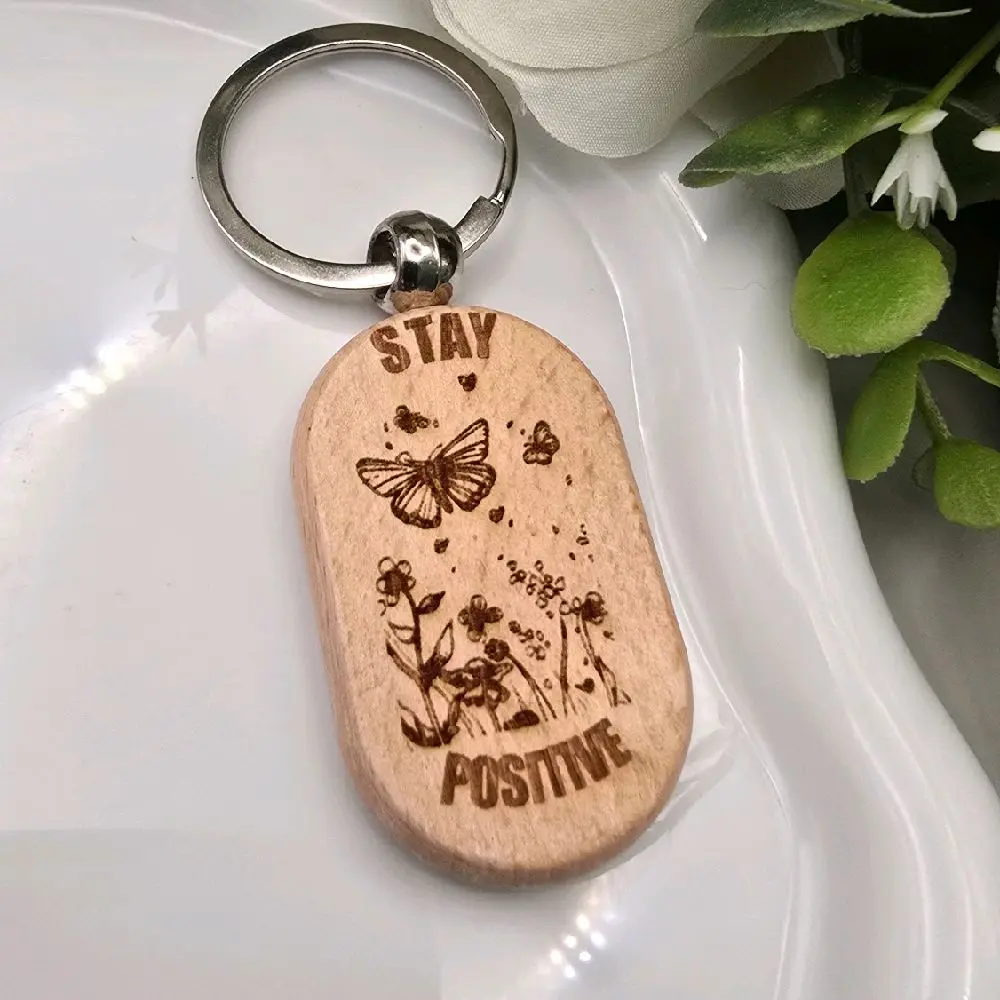Handmade Stay Positive Wooden Keychain | Laser Engraved Butterfly Wildflower Charm