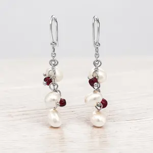 White Cultured Pearl and Garnet Earrings in 925 Sterling Silver