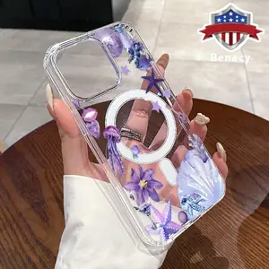 Magnetic Soft Case for iPhone 15 16 14 Pro Max 13 12 11 XR XS Plus E Lavender Fantasy Realm Pattern Anti-Yellowing Shockproof ultra-thin Silicone Crystal Transparent Acrylic Large Hole Cover Supports Wireless Charging