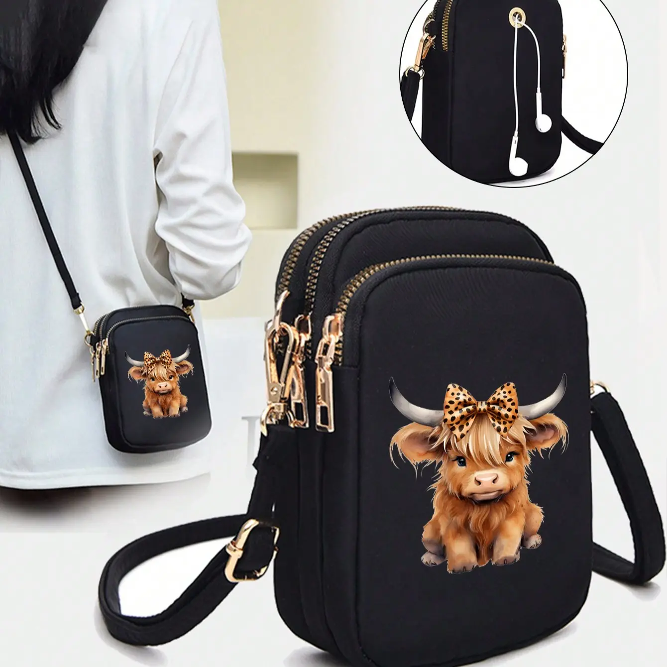 Charming Highland Cow Theme Casual Fashion Mini Handbag, Stylish Crossbody Bags, Includes Phone Bag, Standalone Coin Purse, Versatile Crossbody Shoulder Bag, Animal Purse, Fashionable Unique Bags