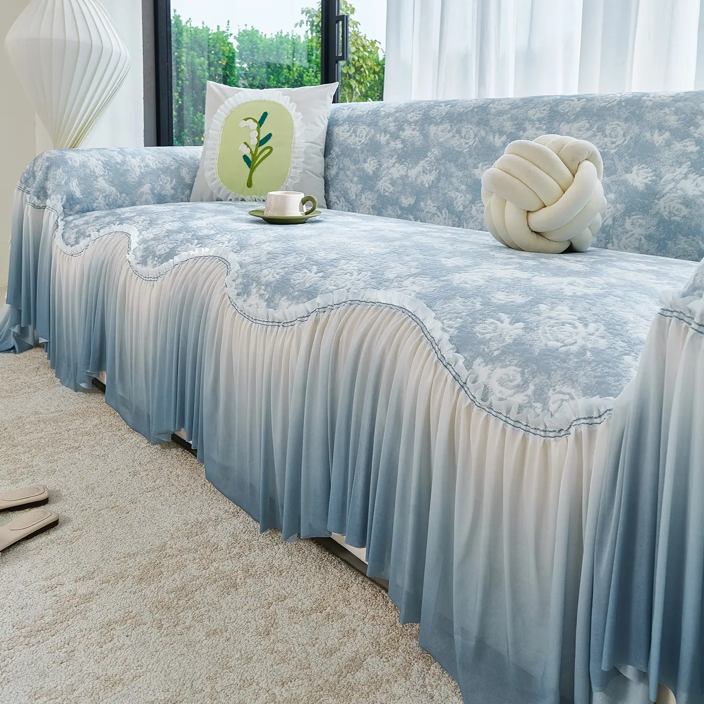 Summer Ice Silk Fashion Sofa Skirt, French Retro Cool Sofa Covers Washable, Skin-Friendly Comfort, Reusable All-Season Sofa Protector, Washable Couch Slipcover