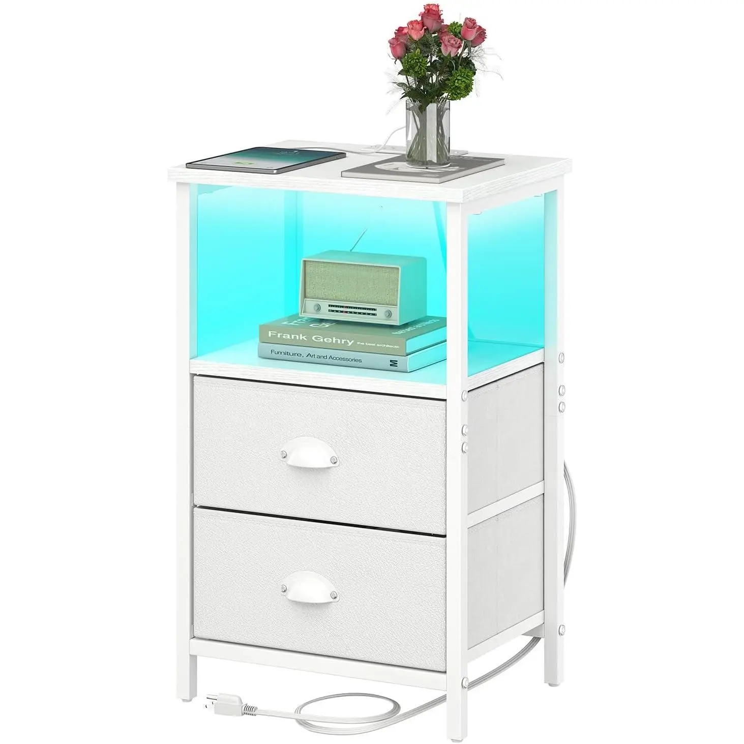 Nightstand with  Station, LED Night Stand with 2 Fabric Drawers PU Finish, Bedside Tables End Table with LED Light, 3-Tier Storage Side Table Nightstand with Drawers for Bedroom,White