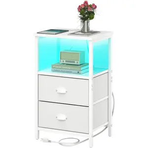 Nightstand with  Station, LED Night Stand with 2 Fabric Drawers PU Finish, Bedside Tables End Table with LED Light, 3-Tier Storage Side Table Nightstand with Drawers for Bedroom,White