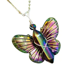 Crystal Butterfly Rainbow Aura Wire Wrap Necklace - Glow in the Dark Jewelry