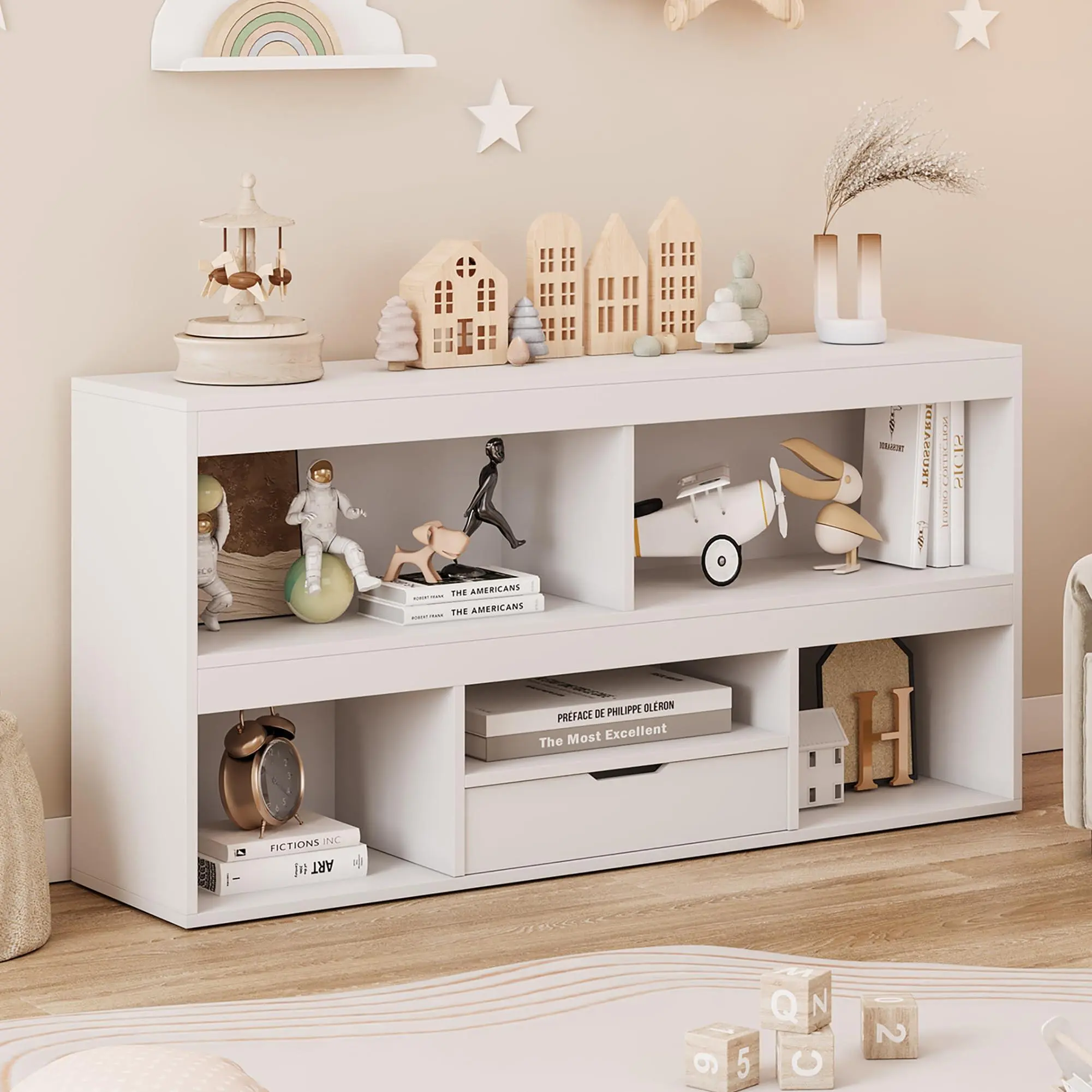 Montessori Wooden Kids Bookcase & Toy Storage Organizer - 47" Length MDF Wood 4-Cubby Low-Profile Shelf, 47.2" L x 11.8" W x 24" H Cabinet Bench with Drawer, Anti-Tipping Strap, Wall Mount, White